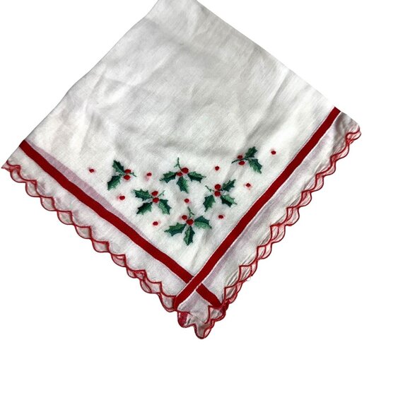 Embroidered handkerchief hankie 11-3/4 in. by 11-3/4 in. Red and white Christmas - Picture 2 of 11